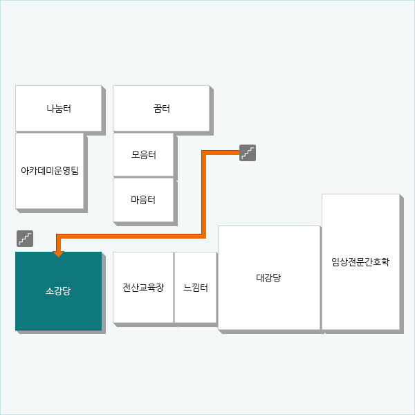 아산생명과학연구원 1층에서 에스칼레이터를 타신 후 지하 1층으로 오시면 왼쪽으로 가시다가 전산교육장 방면으로 직진하시면 소강당이 있습니다.