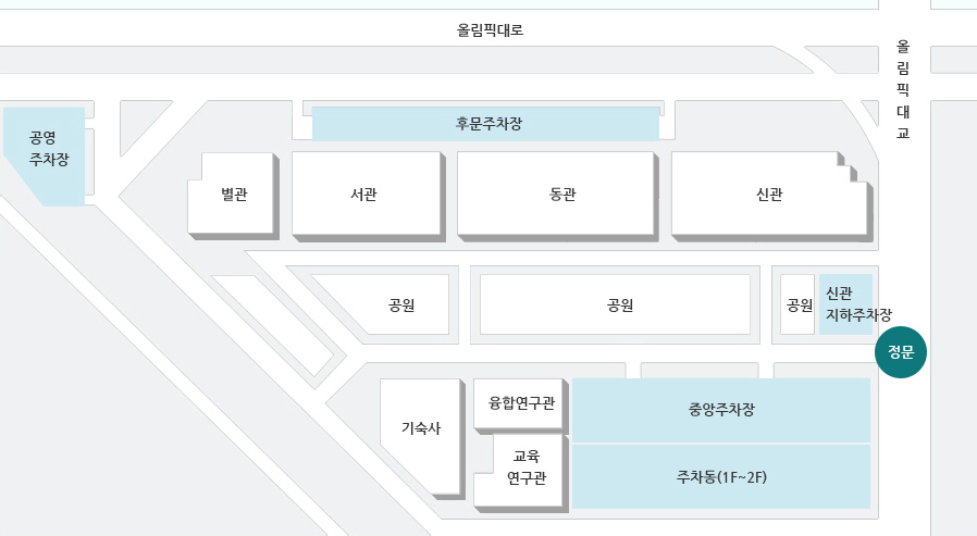 주차안내 : 정문 좌측은 중앙 주차장, 우측은 순서대로 신관 지하주차장, 후문 주차장, 공영 주차장이 있습니다.